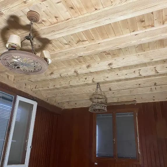 Aérogommage d'un vieux plafond en bois à Carouge