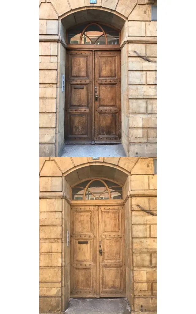 Aérogommage (Vaud) d'une porte en bois.