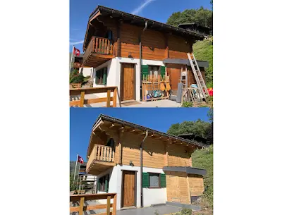 Décapage par micro-gommage sur ce chalet pour la préservation du bois.