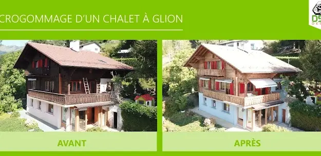 Sablage bois d'un chalet par microgommage à 1823 Glion dans les hauts de 1820 Montreux.