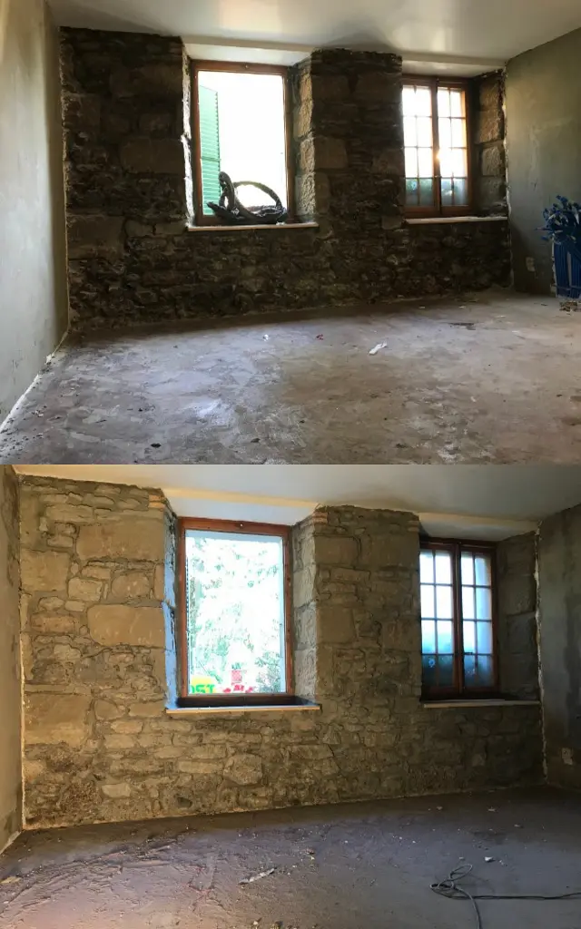 Sablage et nettoyage mur en pierre d'un restaurant