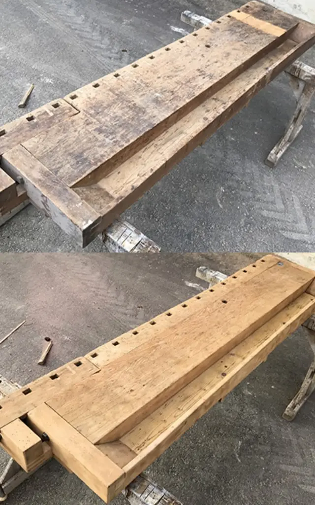 Sablage & Gommage (Genève) d'un établi de menuisier.