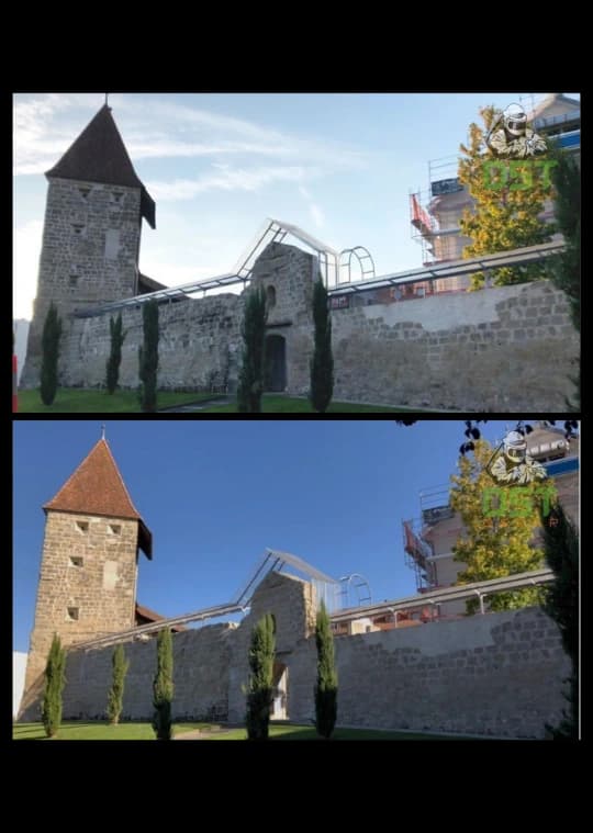 Nettoyage de la façade de l'église de Romainmôtier