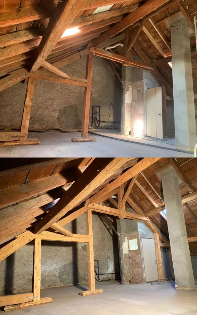 Aérogommage (Vaud) d'une charpente en bois à 1188 Gimel : comparaison avant et après