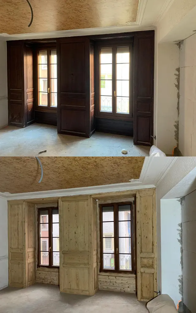 Gommage et sablage d'une maison en bois à Lancy : comparaison avant et après (2)