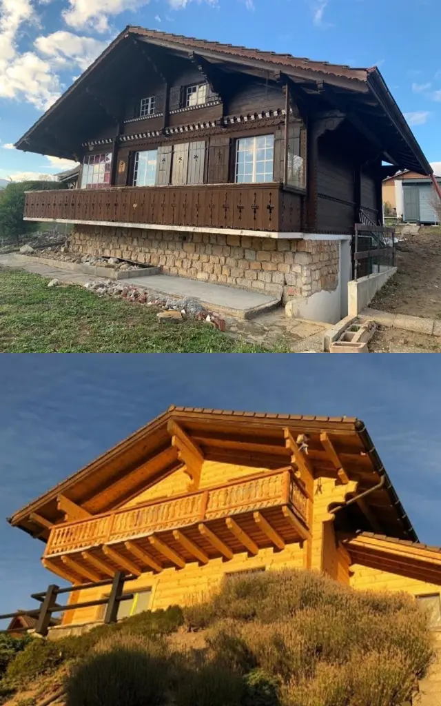 Gommage & Sablage (valais) d'un chalet : comparaison avant et après