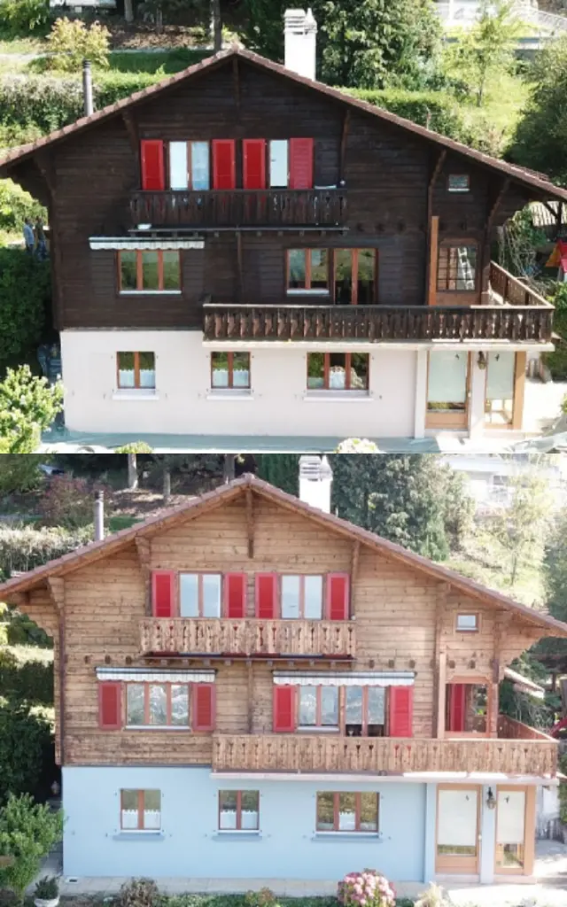 Gommage & Sablage (Vaud) d'un chalet : comparaison avant et après