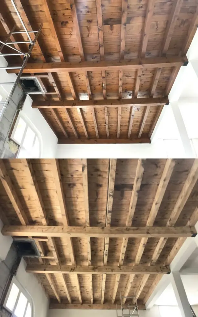 Sablage & Gommage (Vaud) d'un plafond en bois : comparaison avant et après Sablage & Gommage (Vaud) d'un plafond en bois : comparaison avant et après