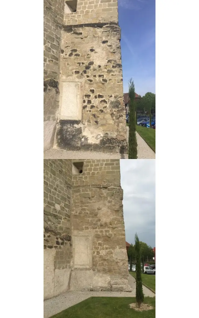 Gommage & Sablage (Vaud ) d'une tour en pierre d'un château : comparaison avant et après