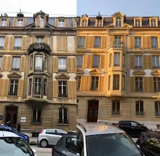 Micro-gommage et nettoyage de façade en pierre d'Hauterive à Neuchâtel Micro-gommage et nettoyage de façade en pierre d'Hauterive à Neuchâtel