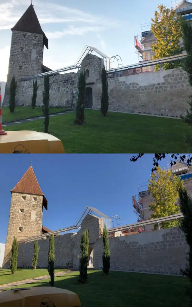Microgommage de la Muraille de Payerne en pierre (Site historique) : comparaison avant et après