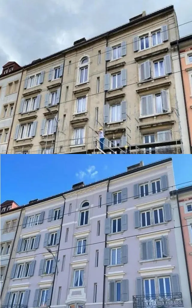 Microgommage & Sablage (Neuchâtel ) d'un bâtiment classé en pierre à la chaux-de -Fonds : comparaison avant et après Microgommage & Sablage (Neuchâtel ) d'un bâtiment classé en pierre à la chaux-de -Fonds : comparaison avant et après