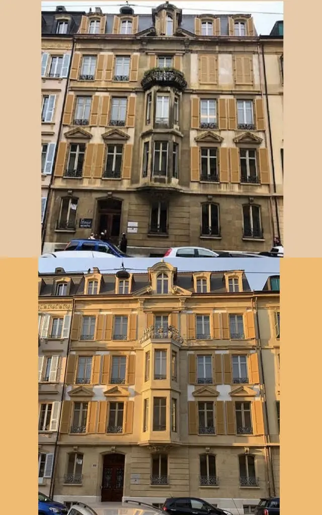 Microgommage & Sablage (Neuchâtel ) d'un bâtiment classé en pierre d'hauterive à 2000 Neuchâtel : comparaison avant et après