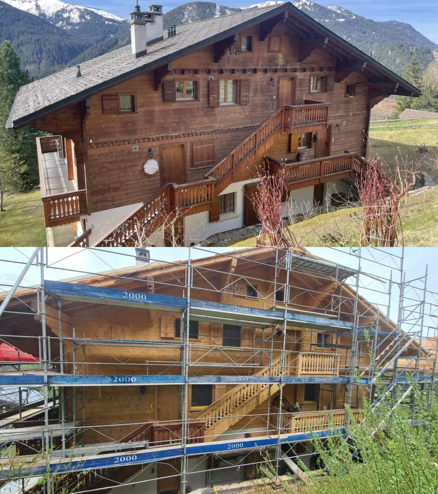 Rénovation d'un chalet en bois aux Diablerets (Vaud) : comparaison avant et après