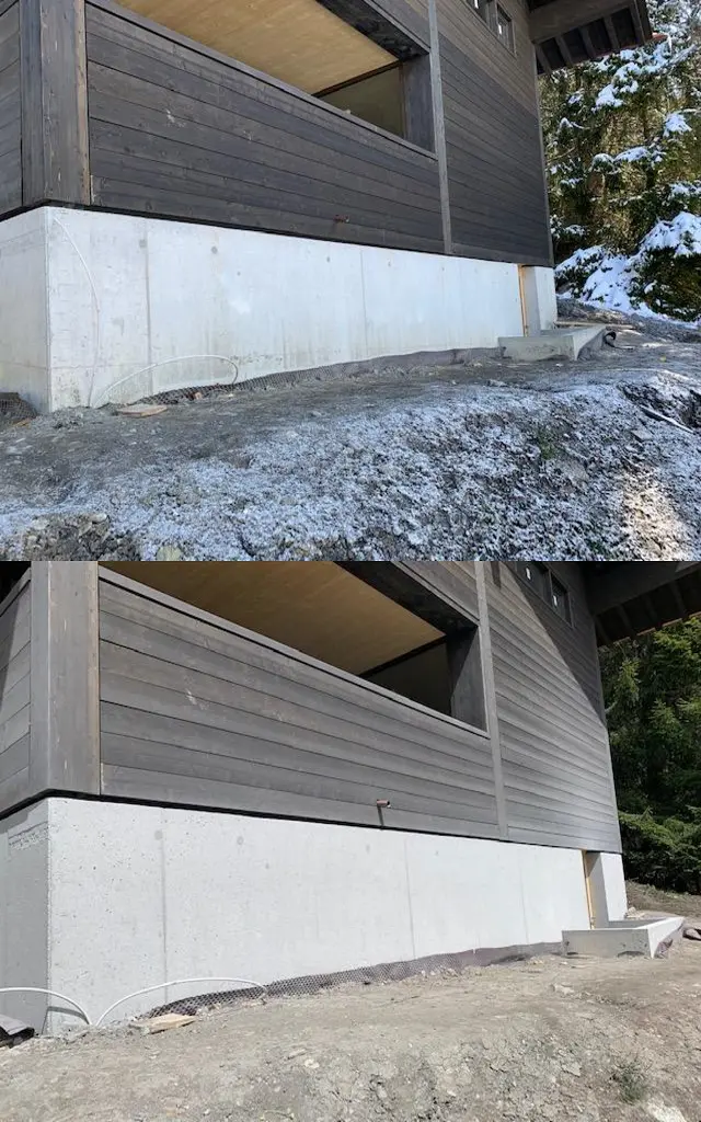 Sablage béton (Vaud) des soubassement d'un chalet 1865 Les Diablerets : comparaison avant et après