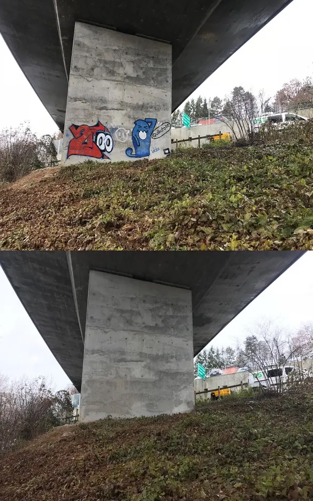 Sablage béton (vaud) d'un pied de pont à 1815 Montreux : comparaison avant et après