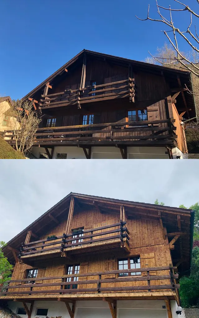 Sablage d'un chalet en bois dans le canton de Neuchâtel : comparaison avant et après