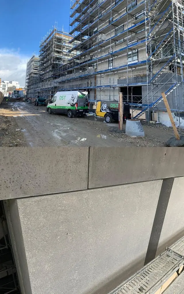 Sablage des murs en béton  (Vaud) de trois bâtiments à 1350 Orbe : comparaison avant et après