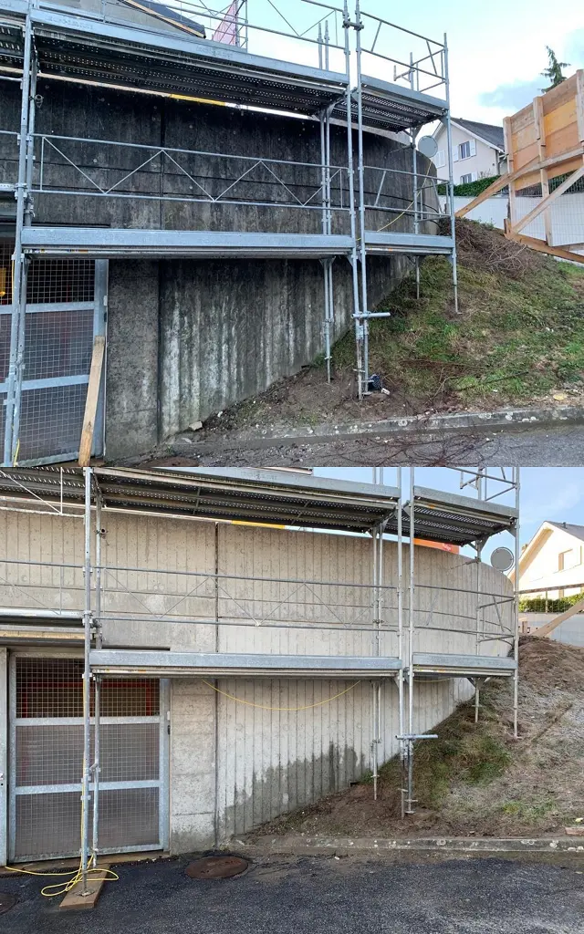 Sablage des murs en béton (Vaud) du nouveau collège à 1026 Echandens : comparaison avant et après