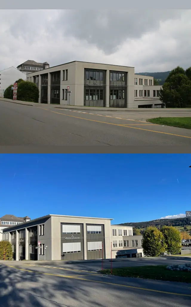 Sablage des murs en béton  (Vaud) d'un bâtiments de 2'400 m2 à 1347 Le Sentier : comparaison avant et après