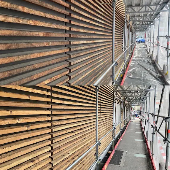 Sablage et Gommage des façades en bois dans le Canton de Vaud de la Coop à Moudon : comparaison avant et après