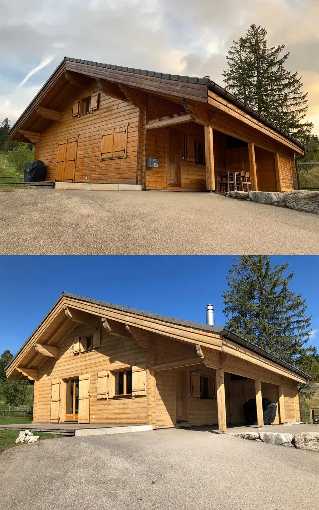 Sablage & Gommage ( Berne ) d'un chalet en bois : comparaison avant et après