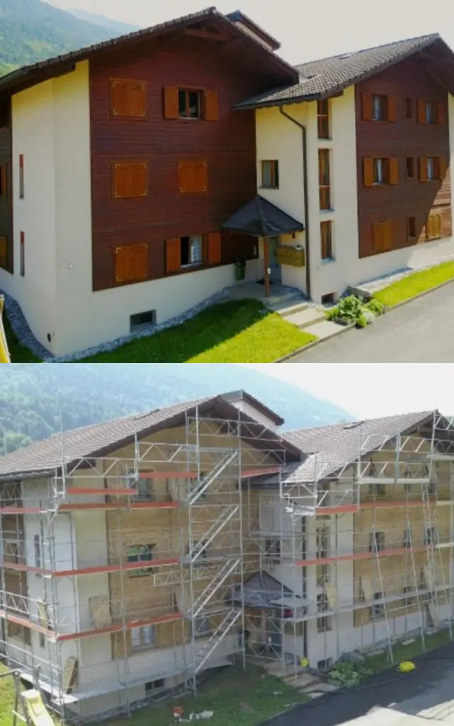 Sablage & Gommage (Valais) d'un bâtiment en bois : comparaison avant et après