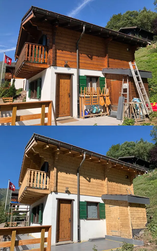 Sablage & Gommage (Valais) d'un chalet en bois : comparaison avant et après