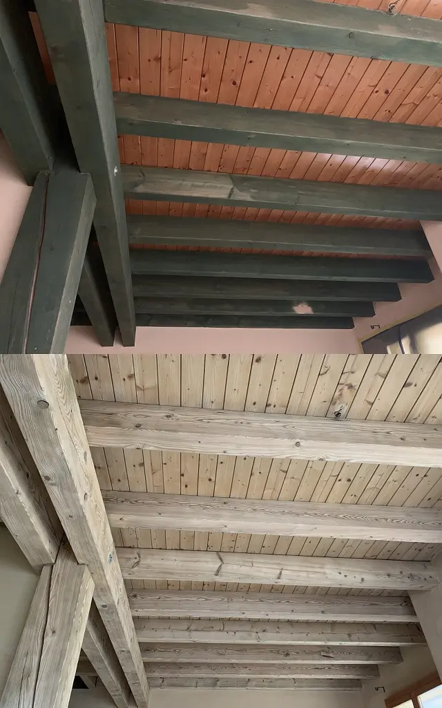 Gommage & Sablage (Vaud ) d'un plafond en bois : comparaison avant et après