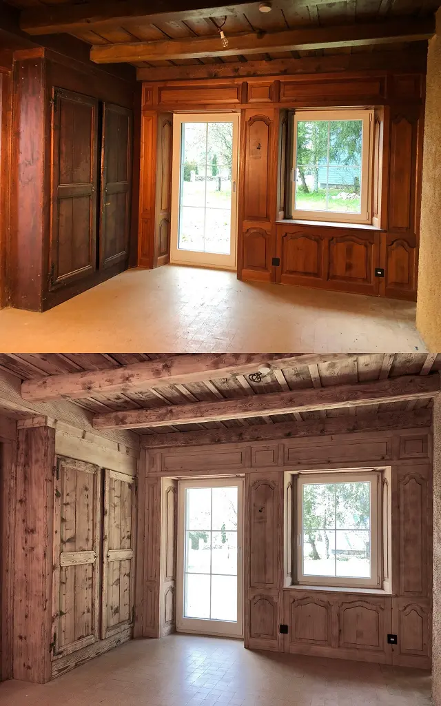 Sablage & Gommage (Vaud) d'un salon en bois : comparaison avant et après