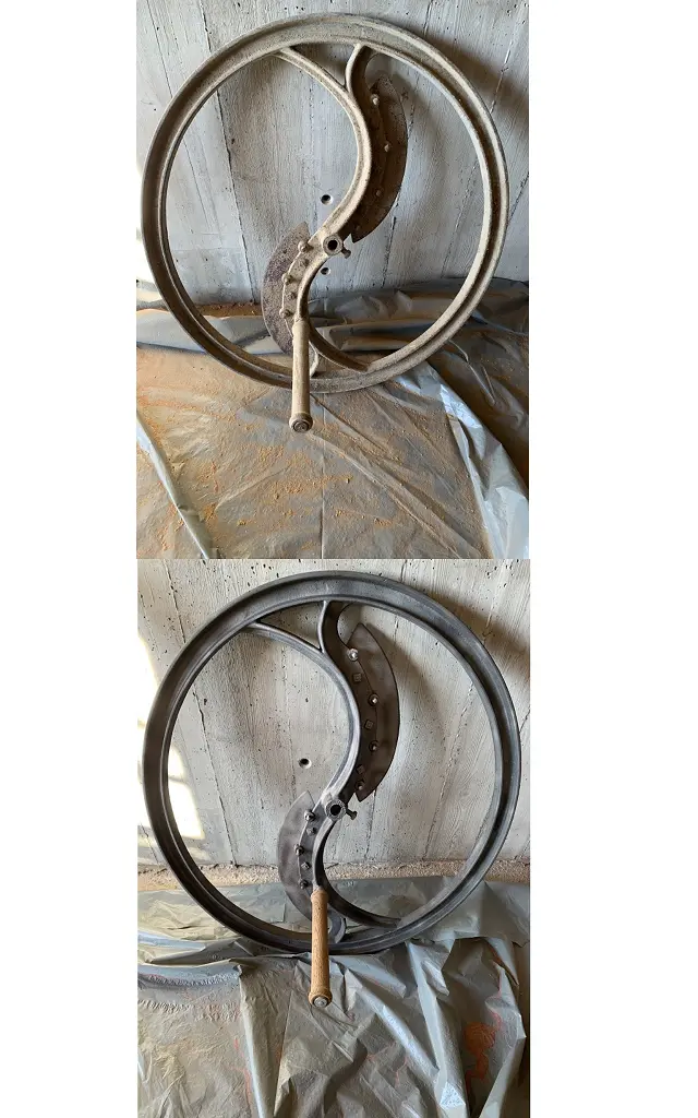 Sablage métal et bois d'une roue en fonte : comparaison avant et après