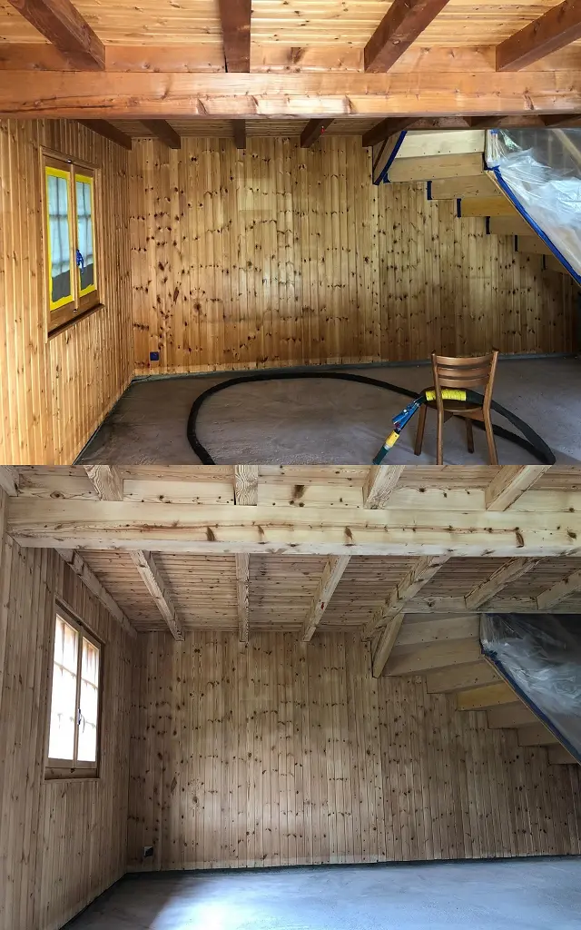 Sablage d'un chalet en bois à Champéry, Valais : comparaison avant et après (1) Sablage d'un chalet en bois à Champéry, Valais : comparaison avant et après (1)
