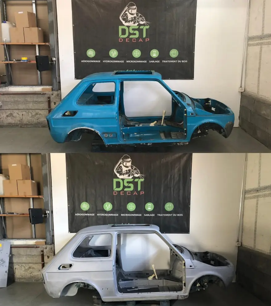 Sablage d'une voiture en métal dans notre atelier de sablage : comparaison avant et après