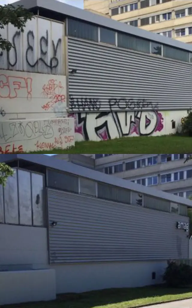 Suppression de graffitis : comparaison avant et après Suppression de graffitis : comparaison avant et après