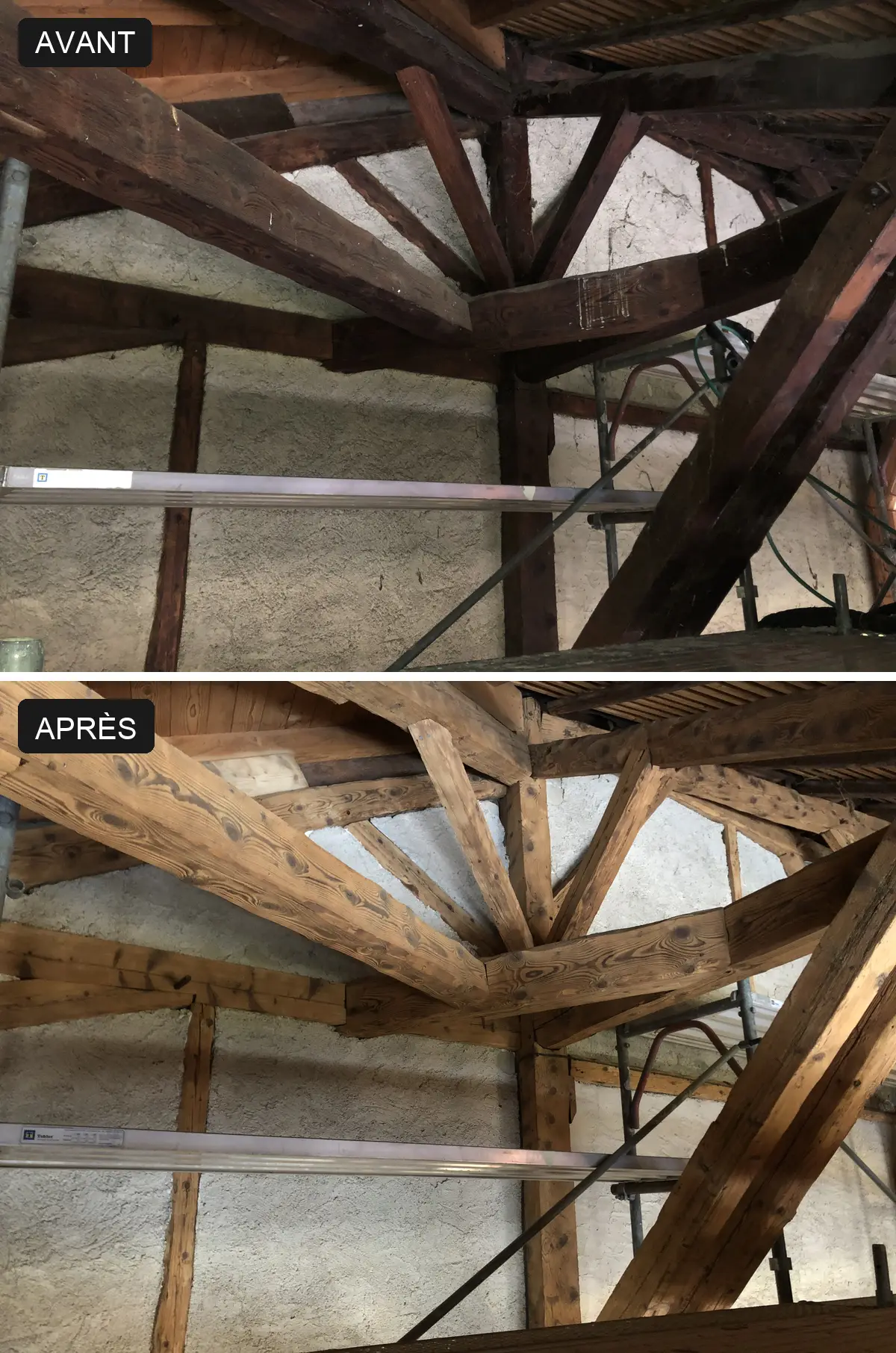 Aérogommage d'une charpente classée dans une maison de maître à Bellevue (GE) : comparaison avant et après