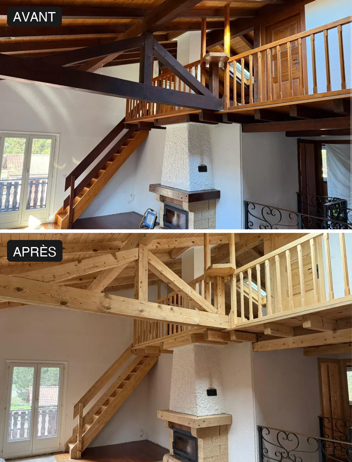 Aérogommage d'une charpente, d'un escalier et de plafonds en bois à Longirod : comparaison avant et après (1)