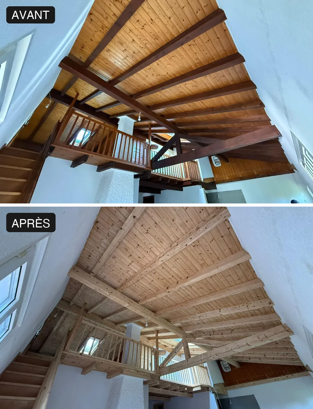 Aérogommage d'une charpente, d'un escalier et de plafonds en bois à Longirod : comparaison avant et après (2)
