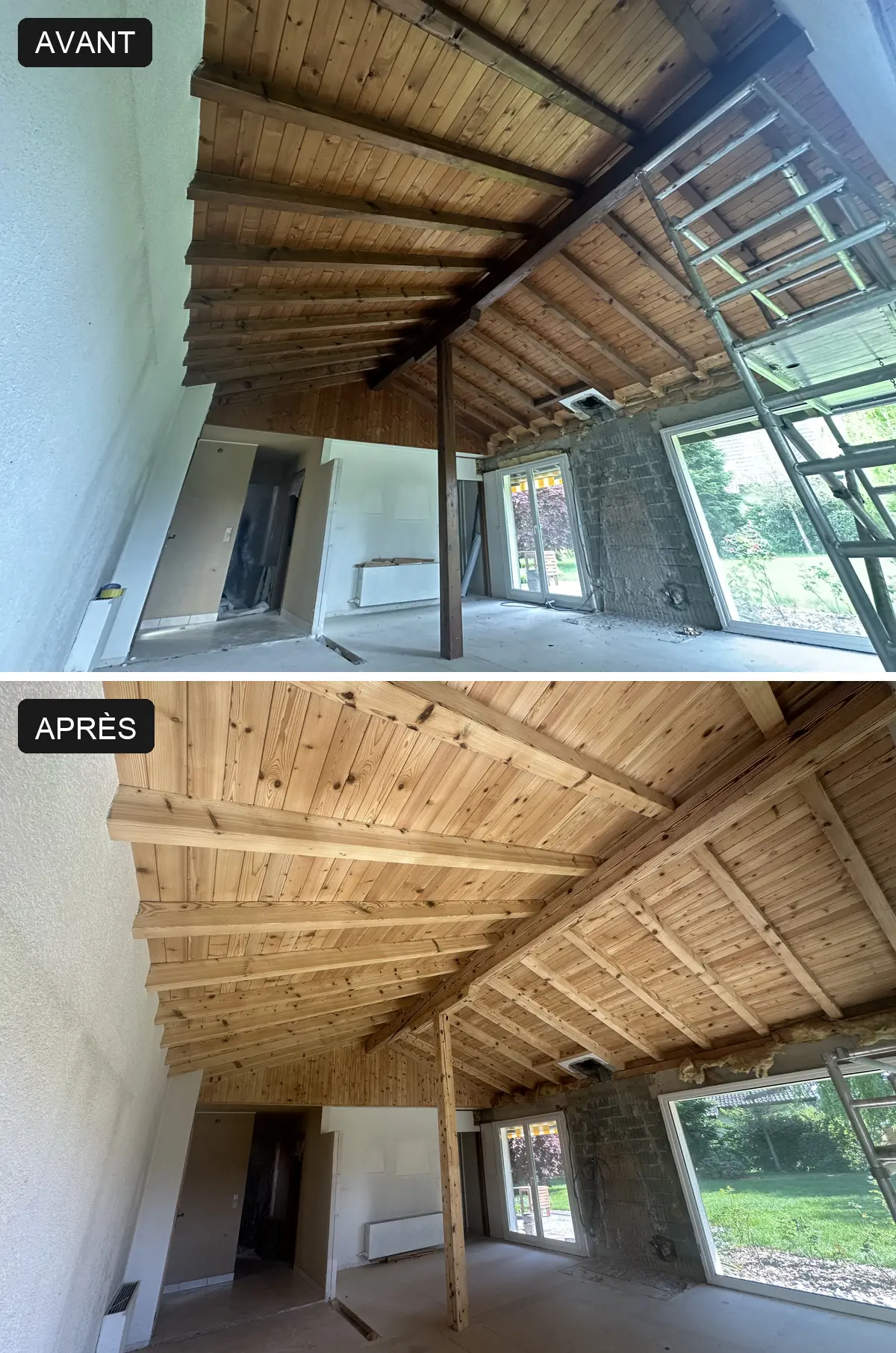 Aérogommage d'une charpente et d'un plafond en bois à Mézières (VD) : comparaison avant et après