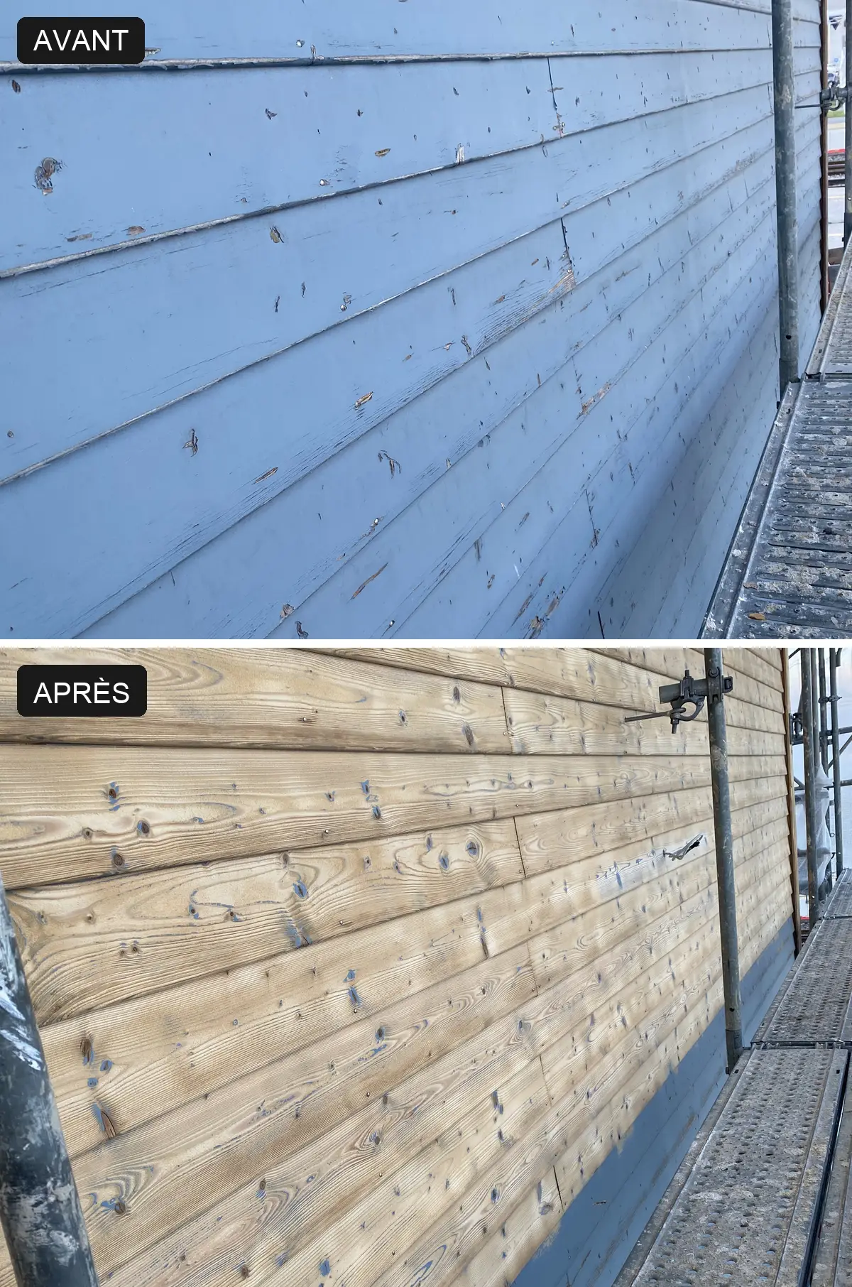 Aérogommage de la façade en bois peinte du bâtiment LANDI à Orbe : comparaison avant et après