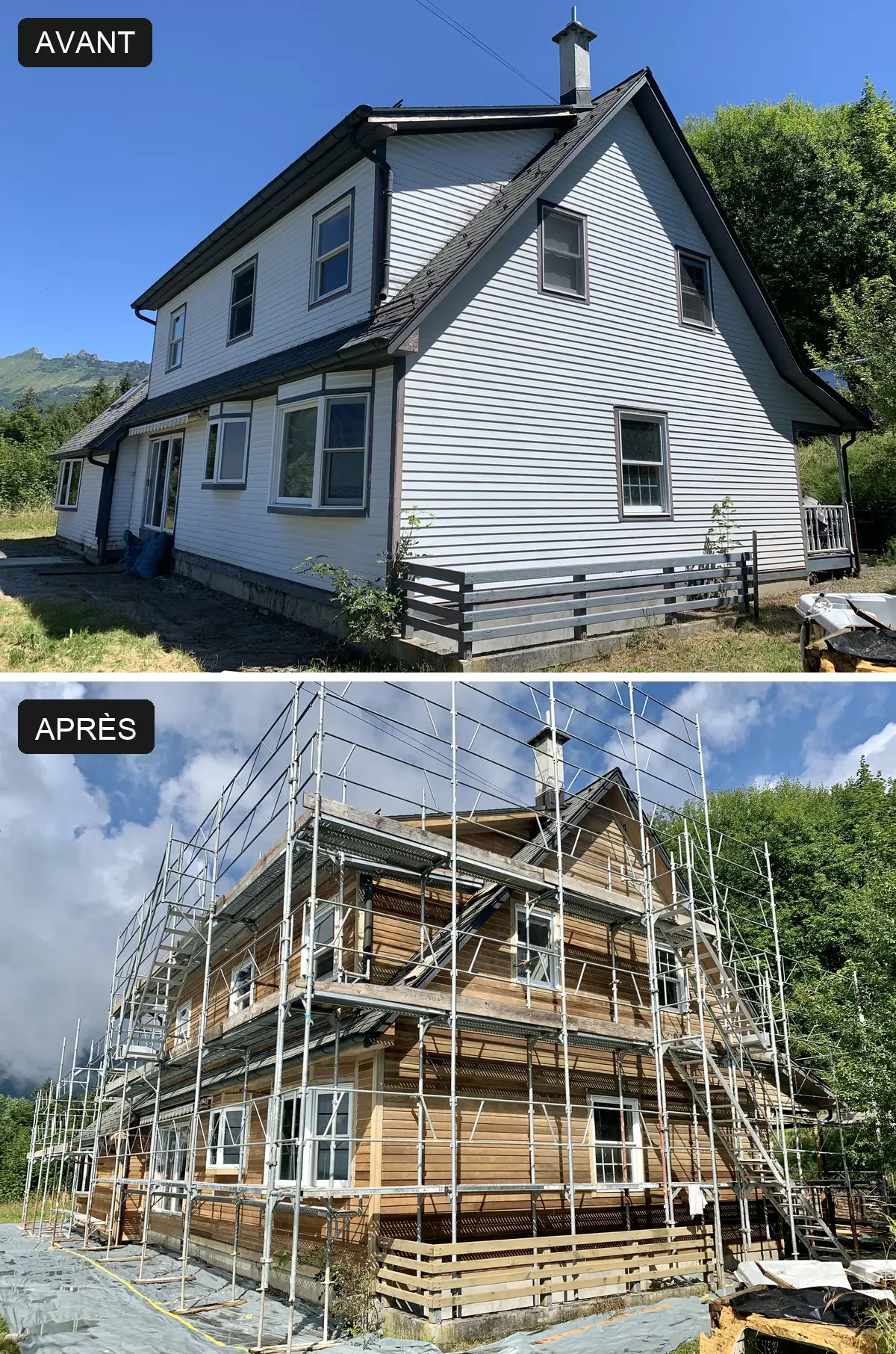 Décapage de la peinture d'une façade en bois par sablage à Caux : comparaison avant et après Décapage de la peinture d'une façade en bois par sablage à Caux : comparaison avant et après