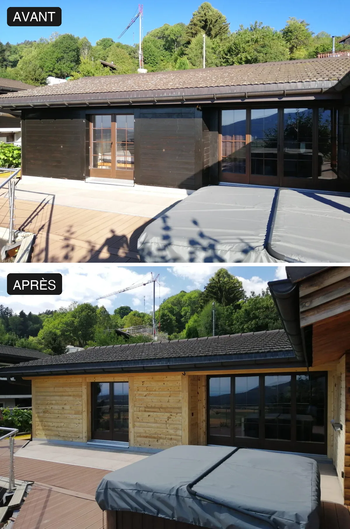 Microgommage d'une façade en bois aux Geneveys-sur-Coffrane : comparaison avant et après