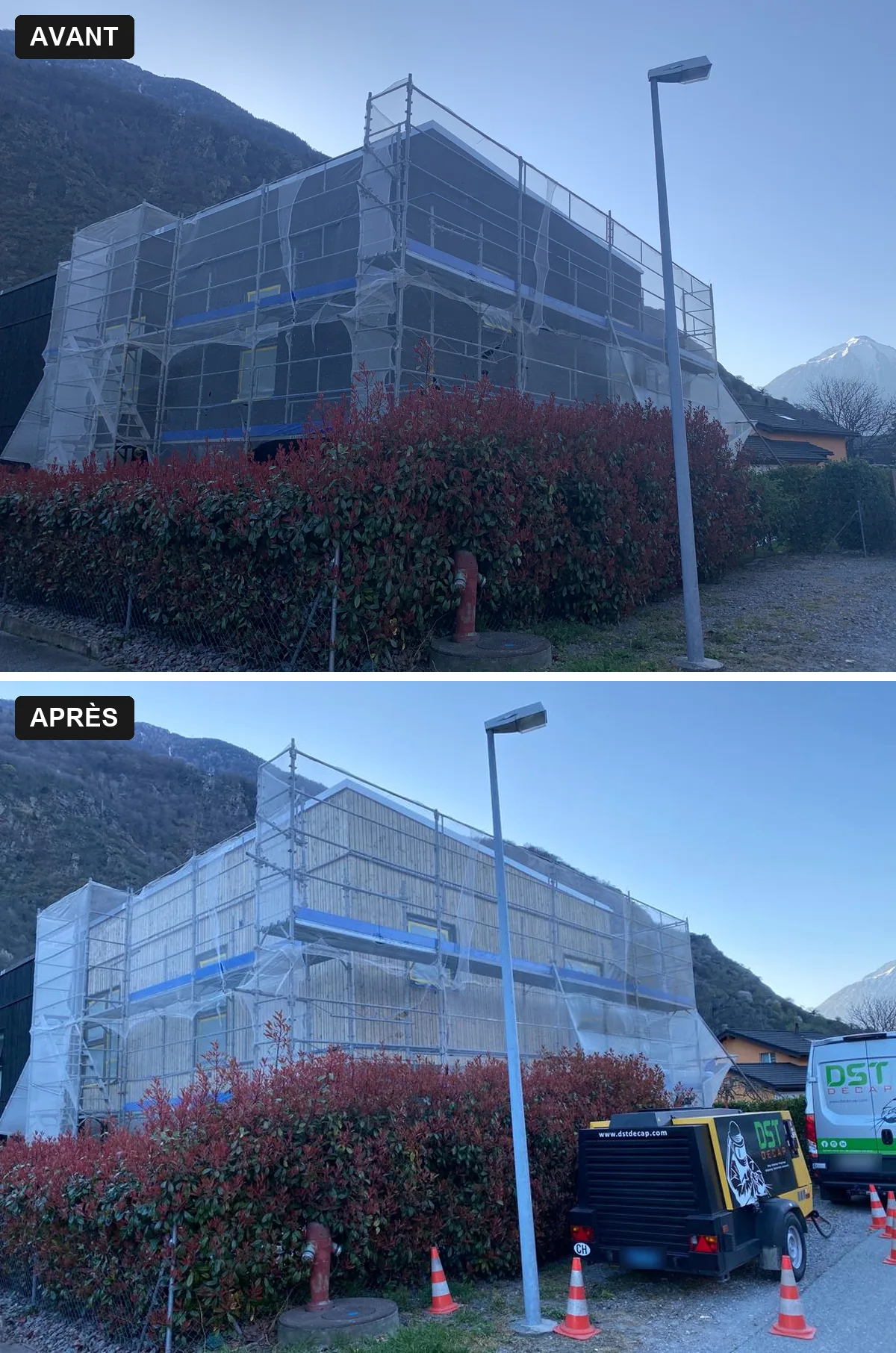 Microgommage des façades en bois d'une maison à Dorénaz (VS) : comparaison avant et après