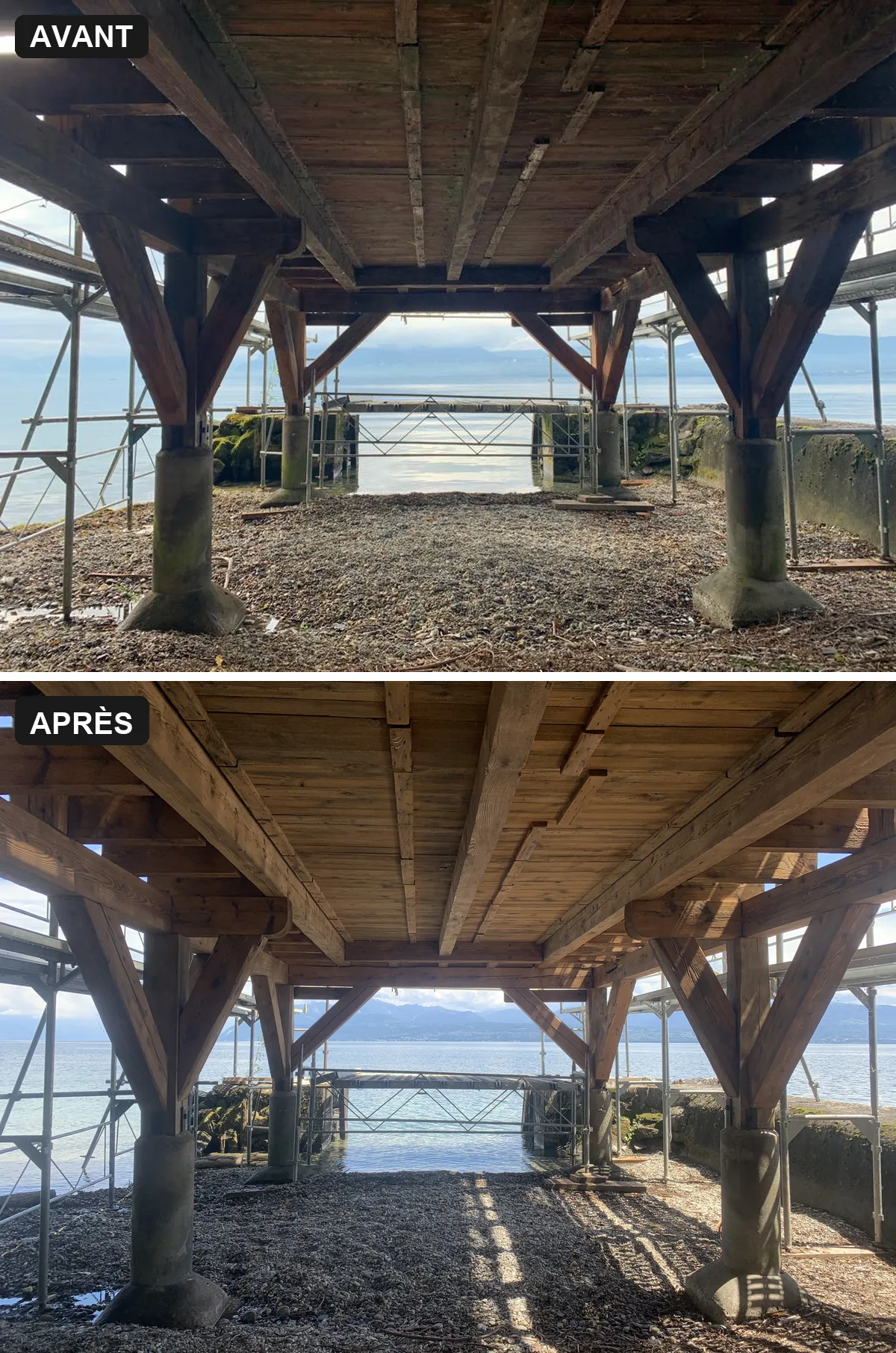 Microgommage d'un ponton en bois classé à Buchillon (VD) : comparaison avant et après