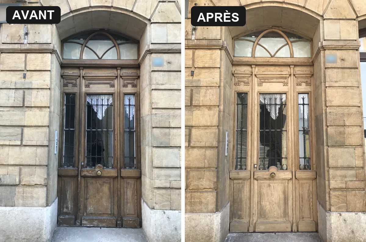 Microgommage d'une porte d'entrée classée à Grandson (VD) : comparaison avant et après