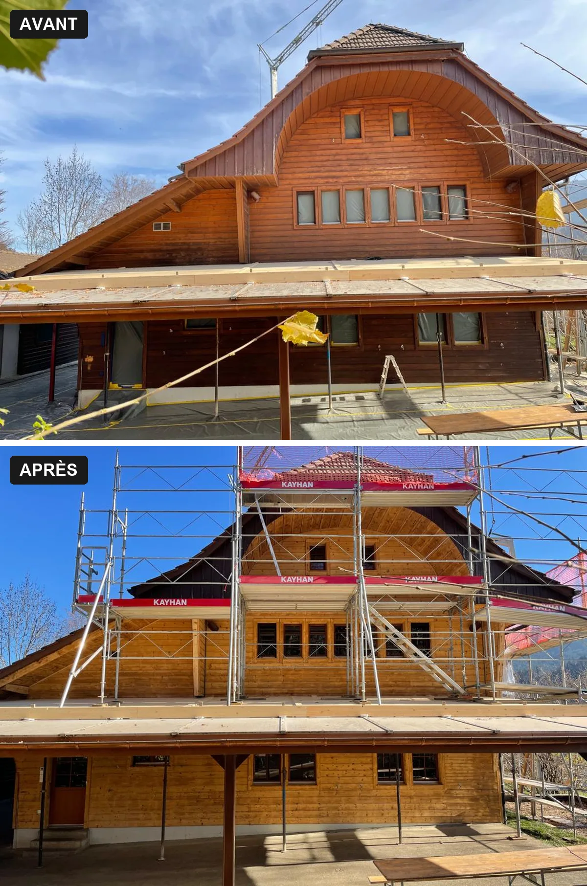 Sablage du chalet de la colonie La Biéla à La Roche (FR) : comparaison avant et après